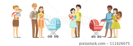 Happy Man and Woman Parent Character Enjoy Time Together with Kid Vector Set 111826075