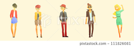 Young Man and Woman Dressed in Trendy Clothes Standing Vector Set Young Man and Woman Dressed in Trendy Clothes Standing Vector Set 111826081