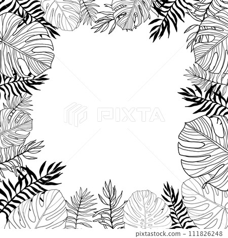 Square frame with tropical, jungle leaves, hand drawn, black and white 111826248