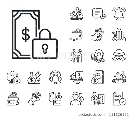 Dollar sign. Cash money, loan and mortgage outline icons. Private payment line icon. Finance symbol. Private payment line sign. Credit card, crypto wallet icon. Inflation, job salary. Vector 111826321