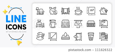 Entrance, Ice tea and Square meter line icons set for app include Square area, Ceiling lamp, Cappuccino outline thin icon. Alarm, Tea, Open door pictogram icon. Street light, Mattress. Vector 111826322