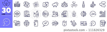 Block diagram, Transform and Talk bubble line icons pack. Sale megaphone, Smartphone clean, Milk web icon. Inventory checklist, Snow weather, Food app pictogram. Fake news, Music book. Vector 111826329