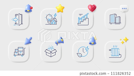 Entrance, Buildings and Radiator line icons. Buttons with 3d bell, chat speech, cursor. Pack of Open box, Inventory cart, Stairs icon. Building energy, Charging time pictogram. Vector Entrance, Buildings and Radiator line icons. Buttons with 3d bell, chat speech, cursor. Pack of Open box, Inventory cart, Stairs icon. Building energy, Charging time pictogram. Vector 111826352