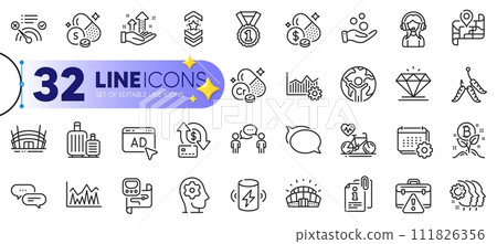 Outline set of Attached info, Ad and Operational excellence line icons for web with Talk bubble, Maggots, Sulfur mineral thin icon. Money transfer, Analysis graph, Baggage pictogram icon. Vector 111826356