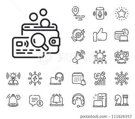 Budget accounting sign. Place location, technology and smart speaker outline icons. Inspect line icon. Search money symbol. Inspect line sign. Influencer, brand ambassador icon. Vector Budget accounting sign. Place location, technology and smart speaker outline icons. Inspect line icon. Search money symbol. Inspect line sign. Influencer, brand ambassador icon. Vector 111826357