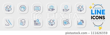 Do not touch, Stay home and Insurance hand line icons for web app. Pack of Chromium mineral, Face declined, Health eye pictogram icons. Covid test, Nasal test, Vitamin signs. Vector Do not touch, Stay home and Insurance hand line icons for web app. Pack of Chromium mineral, Face declined, Health eye pictogram icons. Covid test, Nasal test, Vitamin signs. Vector 111826359