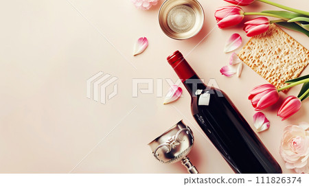 AI-generated content. Jewish holiday Passover, Passover celebrations, traditional kosher food. Matzo, red kosher wine, beautiful spring tulips AI-generated content. Jewish holiday Passover, Passover celebrations, traditional kosher food. Matzo, red kosher wine, beautiful spring tulips 111826374