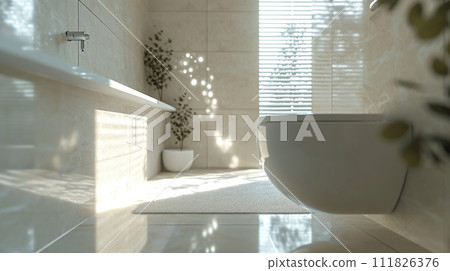 AI-generated content. Sun-drenched bathroom with white subway tiles, toilet and sink next to a potted plant. Interior design, cozy lifestyle 111826376