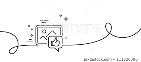 Like photo line icon. Continuous one line with curl. Thumbs up sign. Positive feedback, social media symbol. Like photo single outline ribbon. Loop curve pattern. Vector 111826396