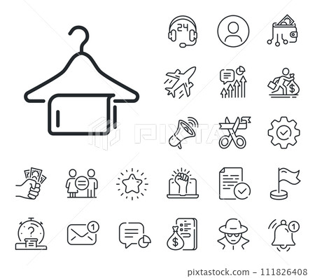 Laundry hanger sign. Salaryman, gender equality and alert bell outline icons. Clean towel line icon. Clothing cleaner symbol. Clean towel line sign. Spy or profile placeholder icon. Vector 111826408