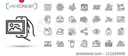 Pack of Printer, Copyright laptop and Apple line icons. Include Tax documents, Arena, Change money pictogram icons. Dog competition, Touchscreen gesture, Juice signs. Fraud, Hammer blow. Vector 111826409