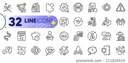 Outline set of No puzzle, Puzzle and Video conference line icons for web with Wind energy, Water splash, Ranking thin icon. Election candidate, Diesel station, Timeline pictogram icon. Vector 111826410