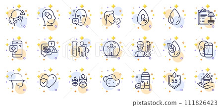 Outline set of Ph neutral, Gluten free and Face scanning line icons for web app. Include Medical analyzes, Medical drugs, Face biometrics pictogram icons. Depression treatment, Skin care. Vector 111826423