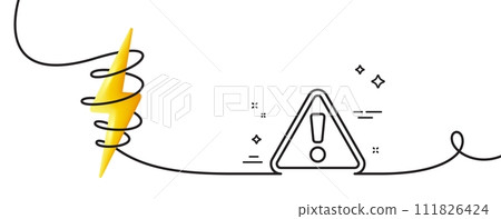 Warning line icon. Continuous one line with curl. Attention triangle sign. Caution alert symbol. Warning single outline ribbon. Loop curve with energy. Vector 111826424