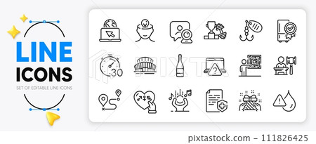 Sports stadium, Genders and Online question line icons set for app include Auction, Business skill, Gift outline thin icon. Journey, Video conference, Fishing lure pictogram icon. Noise. Vector 111826425