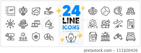 Icons set of Fishing rod, Cake and Cleaning line icons pack for app with Medical analyzes, 5g technology, Night cream thin outline icon. Team work, Chandelier, Sun protection pictogram. Vector 111826426