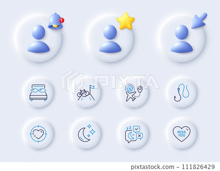 Mountain bike, Hook and Pillows line icons. Placeholder with 3d cursor, bell, star. Pack of Heart target, Miss you, Sleep icon. Flight sale, Moon pictogram. For web app, printing. Vector 111826429
