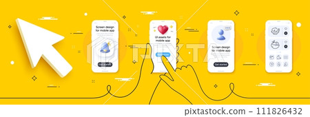 Wind energy, Seafood and Juice line icons pack. Phone screen mockup with 3d alert bell, health and headshot. Fruits, Apple carrot, Water drop web icon. No alcohol, Waves pictogram. Vector 111826432
