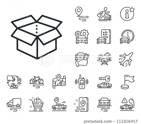 Delivery parcel sign. Plane, supply chain and place location outline icons. Open box line icon. Cargo package symbol. Open box line sign. Taxi transport, rent a bike icon. Travel map. Vector 111826457