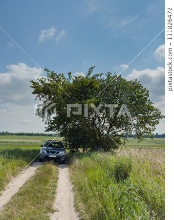 suv car on trail road in field 111826472