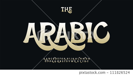 Whimsical cartoon alphabet, opulent Arabic calligraphy, gold swash letters, chic comic type for enchanting logos, engaging headlines, decorative design. Vector typeset. 111826524