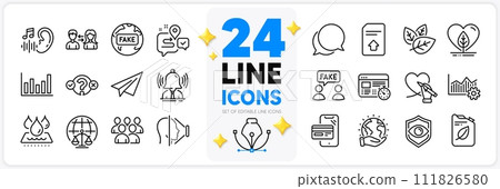Icons set of Fake information, Column chart and Local grown line icons pack for app with Operational excellence, Waterproof, Upload file thin outline icon. Eye detect, Magistrates court. Vector 111826580