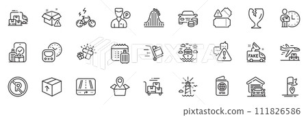 Icons pack as Flag, Garage and Delivery man line icons for app include Fragile package, Tickets, Warning outline thin icon web set. Valet servant, Fake news, Roller coaster pictogram. Vector Icons pack as Flag, Garage and Delivery man line icons for app include Fragile package, Tickets, Warning outline thin icon web set. Valet servant, Fake news, Roller coaster pictogram. Vector 111826586