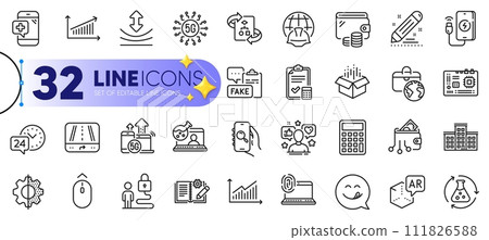 Outline set of Computer fingerprint, Transform and Influence line icons for web with Accounting checklist, Graph, Augmented reality thin icon. Lock, Calculator. Design with yellow 3d stars. Vector 111826588