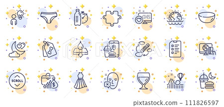 Outline set of Dress, Fitness water and Water resistant line icons for web app. Include Heart, Disaster, Face declined pictogram icons. Checklist, Night eat, Group people signs. Vector Outline set of Dress, Fitness water and Water resistant line icons for web app. Include Heart, Disaster, Face declined pictogram icons. Checklist, Night eat, Group people signs. Vector 111826597
