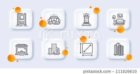 Buildings, Square area and Online market line icons pack. 3d glass buttons with blurred circles. Lighthouse, Furniture, Entrance web icon. Skyscraper buildings, Arena stadium pictogram. Vector 111826610