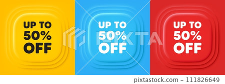 Up to 50 percent off sale. Neumorphic offer banners. Discount offer price sign. Special offer symbol. Save 50 percentages. Discount tag podium background. Product infographics. Vector 111826649