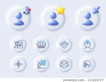 Video conference, Friendship and Approved teamwork line icons. Placeholder with 3d cursor, bell, star. Pack of Anxiety, Sick man, Job interview icon. Business skill, Inclusion pictogram. Vector Video conference, Friendship and Approved teamwork line icons. Placeholder with 3d cursor, bell, star. Pack of Anxiety, Sick man, Job interview icon. Business skill, Inclusion pictogram. Vector 111826727