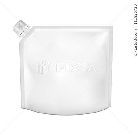 White empty plastic packaging with cap. Blank foil sachet for food or drink White empty plastic packaging with cap. Blank foil sachet for food or drink 111826729