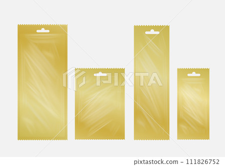Empty plastic or carton packaging. Blank gold foil sachet for food or medicines Empty plastic or carton packaging. Blank gold foil sachet for food or medicines 111826752