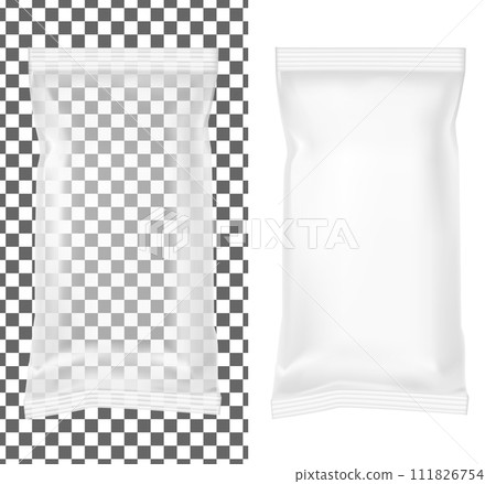 Transparent packaging for snacks, food, chips, sugar and spices. Isolated on a white background Transparent packaging for snacks, food, chips, sugar and spices. Isolated on a white background 111826754