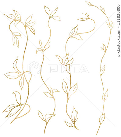 Hand drawn twigs with leaves, golden outlines, isolated illustration, wedding stationery element 111826800
