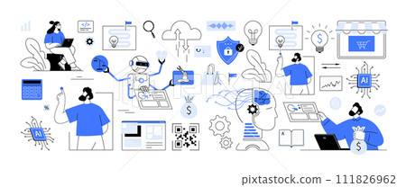 Machine learning artificial intelligence digital transformation. Tech business metaphor set. Working with big data, machine learning engineer, AI architect. Computer science. Robot technology chat bot Machine learning artificial intelligence digital transformation. Tech business metaphor set. Working with big data, machine learning engineer, AI architect. Computer science. Robot technology chat bot 111826962