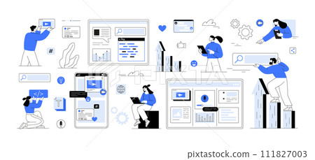 SEO Optimization Social Media Content Marketing. Online marketing, financial report chart data analysis web development. Seo marketing social media. Keyword research, copy optimization, content plan 111827003