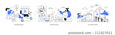 Sustainable business renewable energy eco-friendly practices. Metaphor set. Sustainable economic growth with renewable energy and natural resources. Circular economy. ESG green energy and industry set 111827012