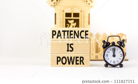 Patience is power symbol. Concept words Patience is power on beautiful wooden blocks. Beautiful white table white background. Black alarm clock. Business and patience is power concept. Copy space. 111827151