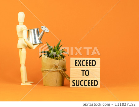 Exceed to succeed symbol. Concept words Exceed to succeed on beautiful wooden blocks. Beautiful orange table orange background. Businessman icon. Business and exceed to succeed concept. Copy space. 111827152
