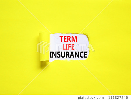 Term life insurance symbol. Concept words Term life insurance on beautiful white paper. Beautiful yellow paper background. Medical term life insurance concept. Copy space. 111827246