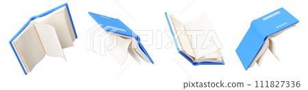 Open paper book with white pages and blue hard cover flying in air in different angles of rotation. 3D render illustration set of cartoon floating literature for reading and education concept. Open paper book with white pages and blue hard cover flying in air in different angles of rotation. 3D render illustration set of cartoon floating literature for reading and education concept. 111827336