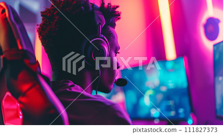 eSports competitive gamer in the heat of intense gameplay 111827373