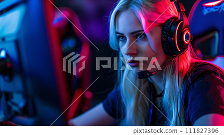 eSports competitive gamer in the heat of intense gameplay 111827396