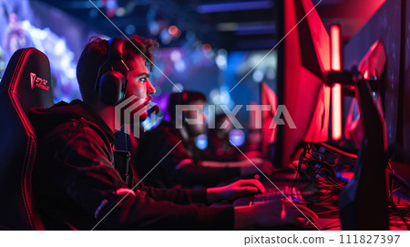 eSports competitive gamer in the heat of intense gameplay 111827397