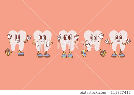 Set of groovy tooth cartoon characters. Funny healthy white molars with happy and sad faces, retro cartoon teeth mascot, dentistry and dental care sticker Set of groovy tooth cartoon characters. Funny healthy white molars with happy and sad faces, retro cartoon teeth mascot, dentistry and dental care sticker 111827412