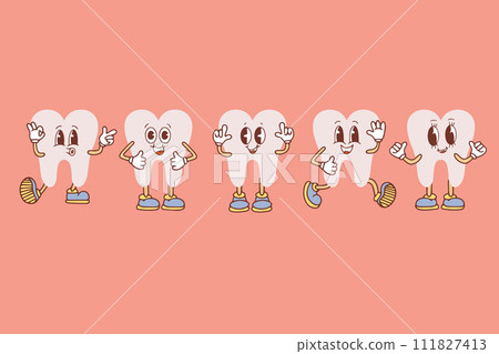 Set of groovy tooth cartoon characters. Funny healthy white molars with happy and sad faces, retro cartoon teeth mascot, dentistry and dental care sticker 111827413