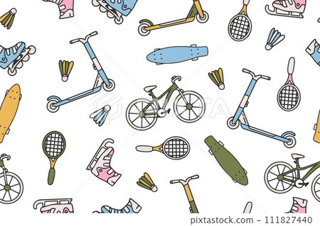 Seamless pattern with sports equipment isolated on white.Hand drawn colored sport equipment. Pattern on the theme of sport, healthy lifestyle. B Seamless pattern with sports equipment isolated on white.Hand drawn colored sport equipment. Pattern on the theme of sport, healthy lifestyle. B 111827440