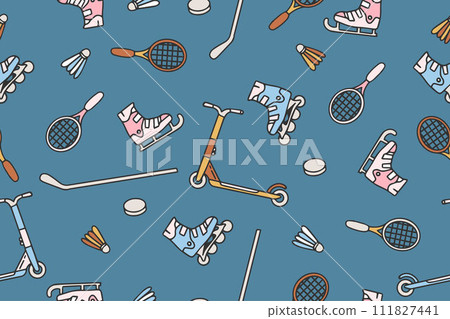 Seamless pattern with sports equipment. Colorful handmade sports equipment. Pattern on the theme of sports, healthy lifestyle. Background for use in design, packaging, website, fabric. Vector Seamless pattern with sports equipment. Colorful handmade sports equipment. Pattern on the theme of sports, healthy lifestyle. Background for use in design, packaging, website, fabric. Vector 111827441